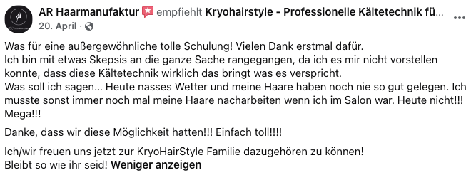 Facebook-Empfehlung von AR Haarmanufaktur für KryoHairStyle
