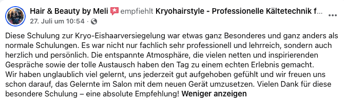 Facebook-Empfehlung von Hair & Beauty by Meli für KryoHairStyle