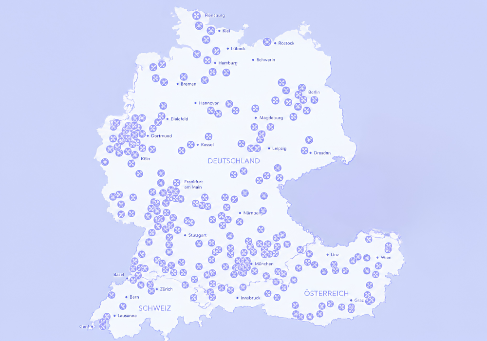 Karte mit KryoHairStyle Partner-Salons in Deutschland, Österreich und der Schweiz